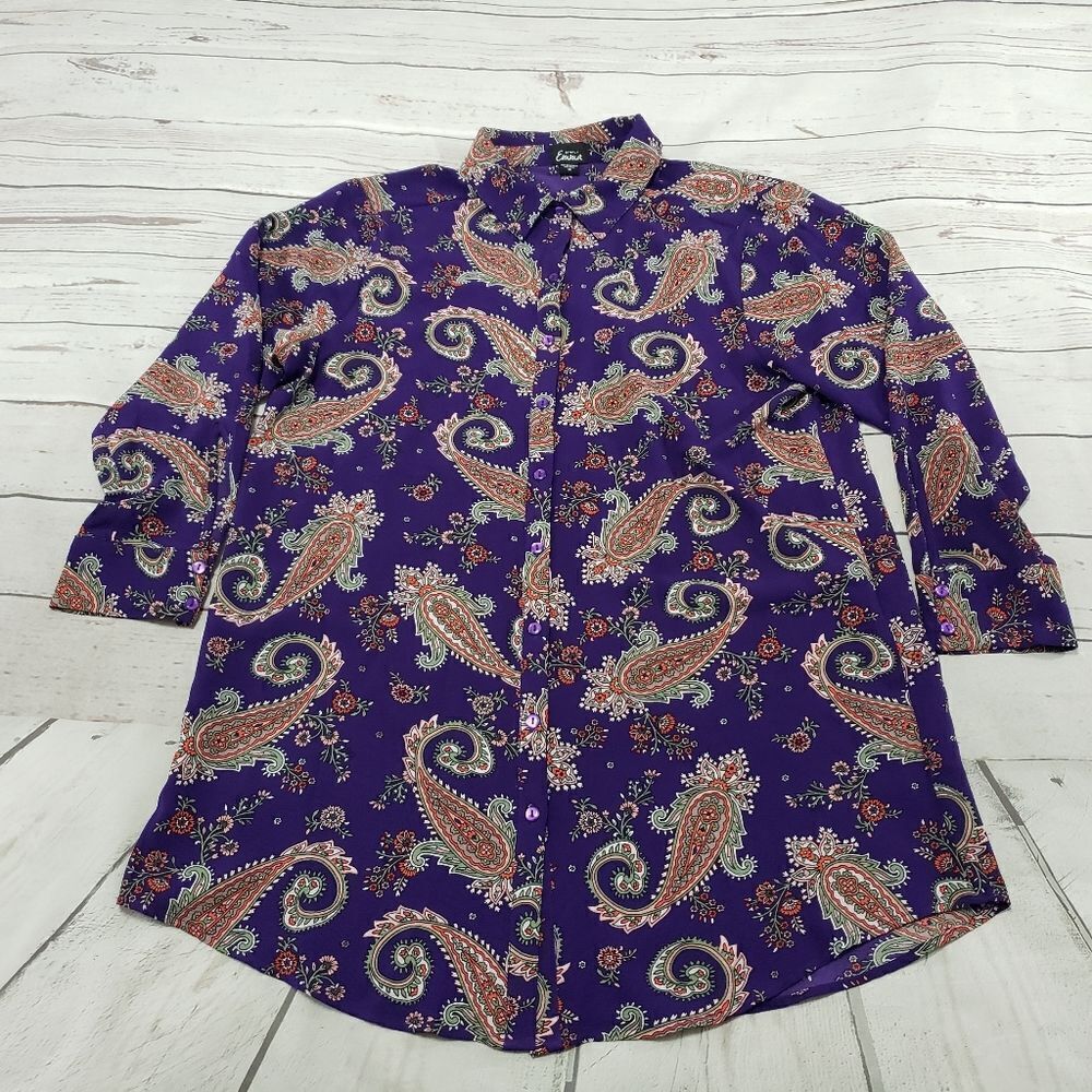 Simply Emma Top Size 1X Paisley Button Down Long Sleeve Plus Size Top